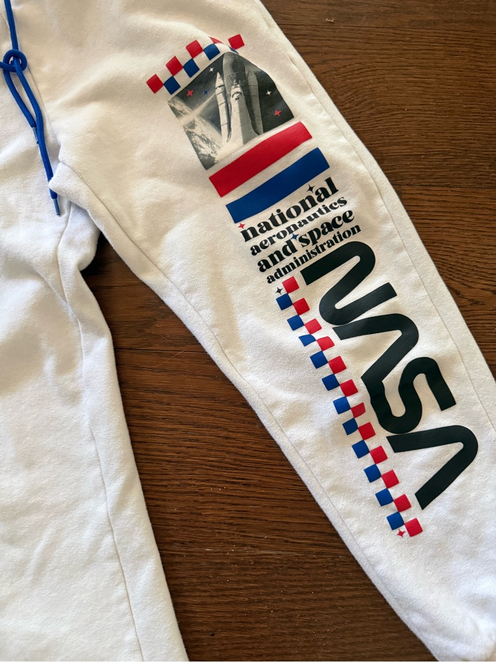 NASA White Jogger Sweatpants with Blue Drawstring